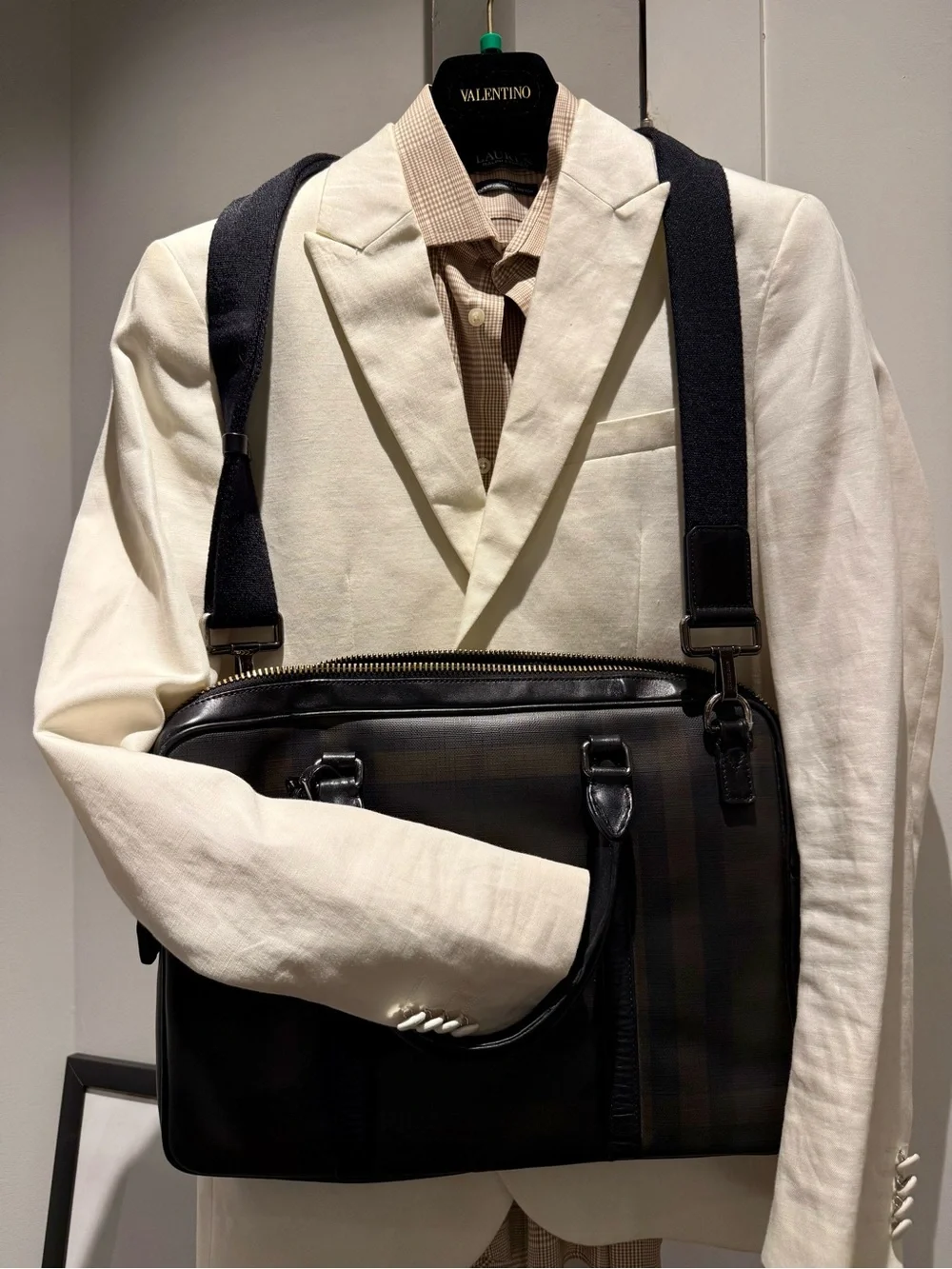 Burberry Black and Brown Plaid Leather Briefcase